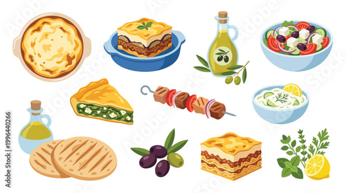 A vibrant collection of traditional Greek dishes and ingredients, showcasing culinary delights.