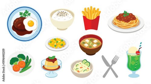 A vibrant collection of delicious Japanese and Western-inspired dishes, including rice, curry, pasta, soup, and dessert.