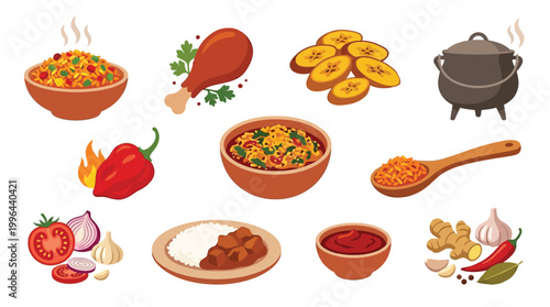 A vibrant collection of delicious food items, including rice dishes, chicken, spices, and vegetables, presented in a visually appealing arrangement.