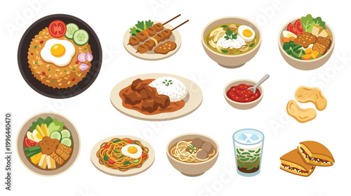 A vibrant and diverse collection of delicious Indonesian dishes and drinks, artfully arranged for a visually appealing presentation.