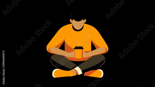 Modern flat design illustration of a person sitting cross-legged, enjoying a takeaway coffee cup, isolated on black background.