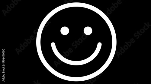 Simple white outline smiley face icon on a black background, representing happiness, positivity, and good mood
