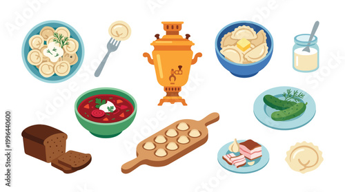 A vibrant collection of traditional Russian food items and a samovar, showcasing culinary heritage.