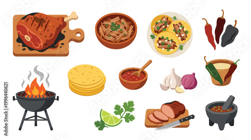 A vibrant collection of Mexican food items, including grilled meats, tacos, salsas, and fresh ingredients, presented in a lively illustration.