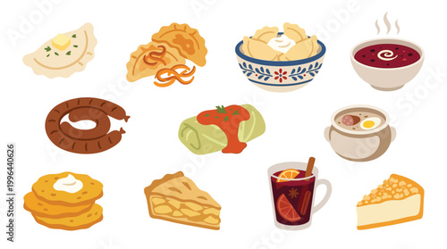 A vibrant collection of traditional Polish dishes and drinks, showcasing a variety of culinary delights.