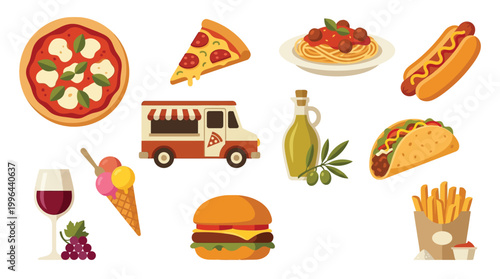 A vibrant collection of popular fast food and Italian dishes, including pizza, pasta, burgers, tacos, hot dogs, fries, ice cream, wine, and olives, alongside a food truck.