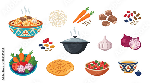 Schilderij op canvas A vibrant collection of ingredients and dishes, showcasing the preparation of a traditional pilaf meal, including rice, meat, vegetables, spices, and cooking utensils