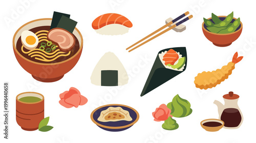 A vibrant collection of Japanese food items, including ramen, sushi, tempura, edamame, and tea, presented in a flat design style.