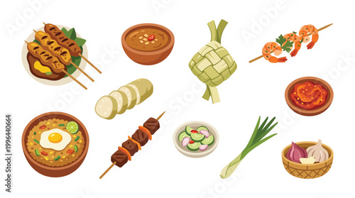 A vibrant collection of Southeast Asian dishes, including satay, nasi goreng, ketupat, and various condiments, presented in a top-down illustration.
