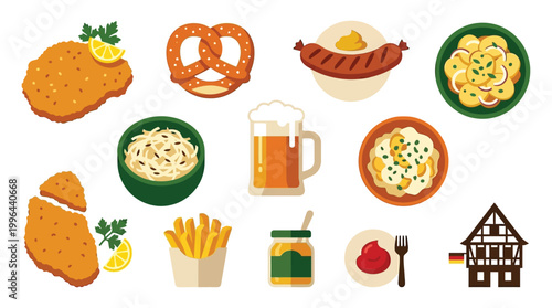 A vibrant collection of traditional German food and drink items, including schnitzel, pretzels, sausages, beer, and potato salad, alongside a charming Bavarian-style house.