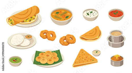A vibrant collection of South Indian breakfast dishes, including dosas, idlis, vadas, and sambar, presented in a visually appealing arrangement.