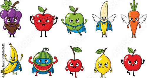 Cute kawaii fruit and vegetable superhero character collection featuring apple banana carrot grape watermelon lemon and cherry with capes masks and wings in a flat vector style