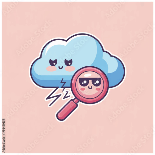 Cute cartoon cloud with magnifying glass and lightning bolts.