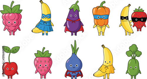 Kawaii cute fruit and vegetable superhero characters collection with banana eggplant bell pepper strawberry raspberry cherry onion and radish wearing masks and capes flat vector set