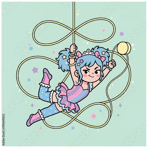 Cute cartoon girl performing circus acrobatics on a rope.