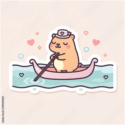 Cute cartoon hamster in a gondola with hearts.