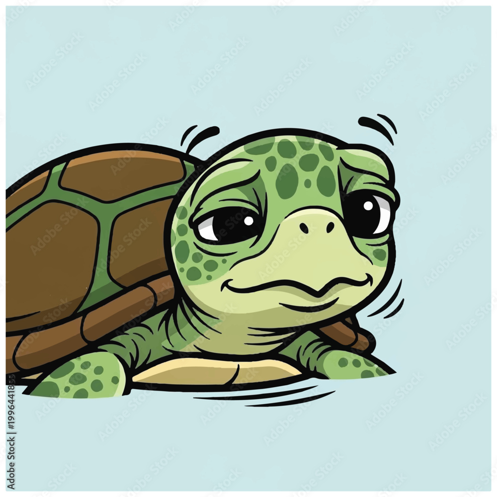 Obraz premium Cute Cartoon Turtle Swimming in Water with Sad Expression.