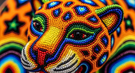 Intricate mexican beaded jaguar sculpture featuring vibrant geometric patterns and vivid multicolored tiny beads reflecting traditional artisan craftsmanship styles