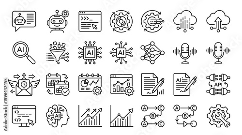 Artificial intelligence outline vector icons with chatbot, cloud, robot, AI chips, voice assistant, automation, data charts, documents and digital tools.