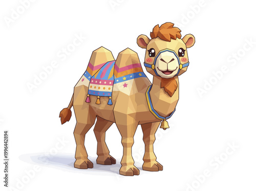 Cute cartoon camel with colorful decorative saddle.