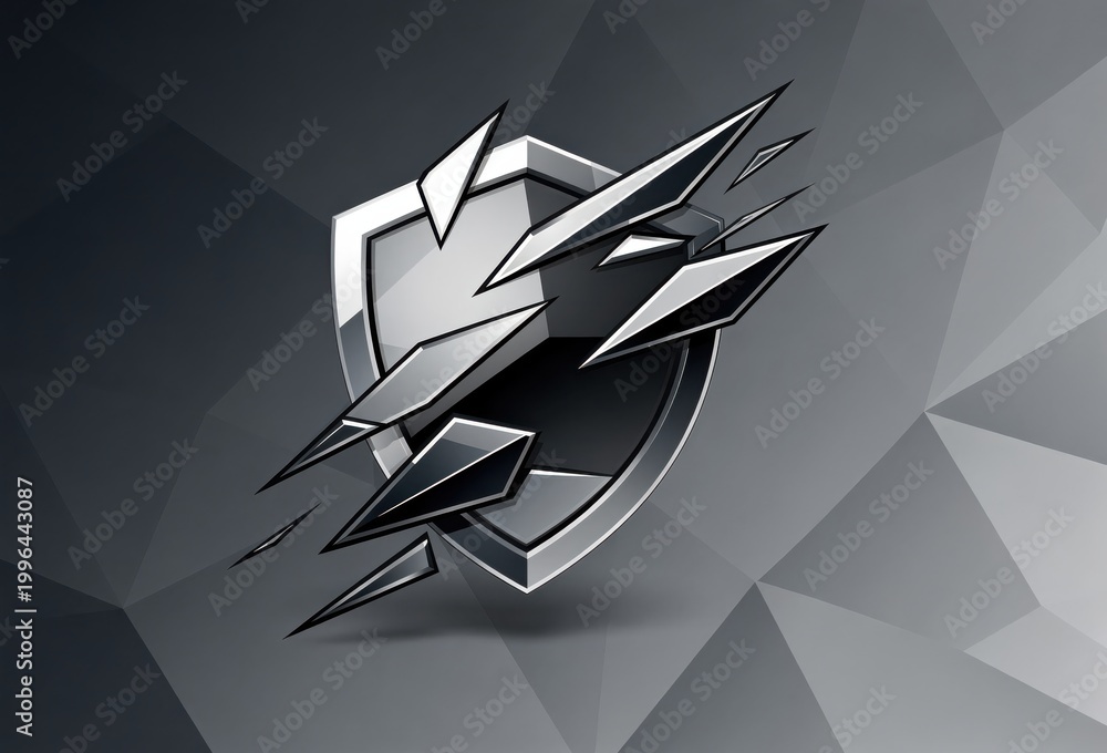 Fototapeta premium Dynamic shield design featuring a modern shattered effect with sharp facets against a sleek dark background symbolizing protection and innovation in digital security