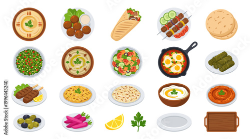 Asian cuisine vector set with soups, salads, rice, skewers, rolls, herbs, lime, plate and cutting board for traditional restaurant menu design