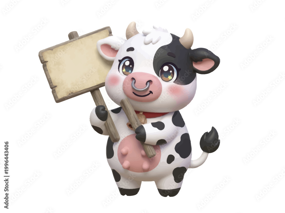 Fototapeta premium Cute cartoon cow character holding a blank wooden sign.