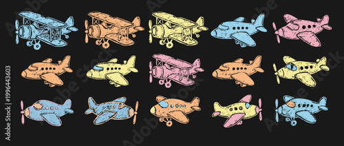 Colorful Hand-Drawn Airplane and Biplane Collection Vector Set on Dark Background