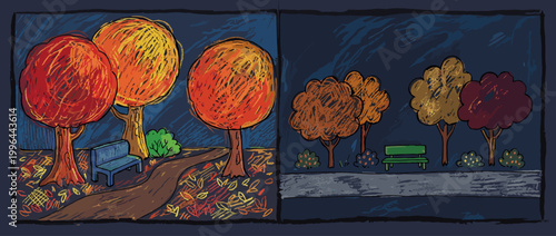 Chalk Art Autumn Park Scene with Colorful Trees Path and Benches at Night
