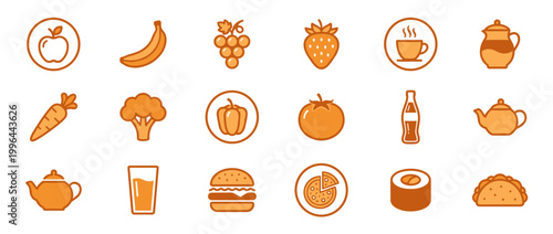 Collage of diverse food and drink icons digital illustration