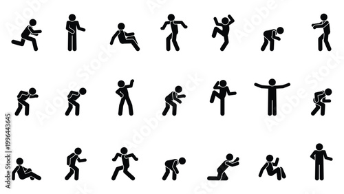 Vector set of stick figures in different poses, gestures, and everyday situations. Simple black silhouettes on transparent background. Versatile pack for communication, body language.