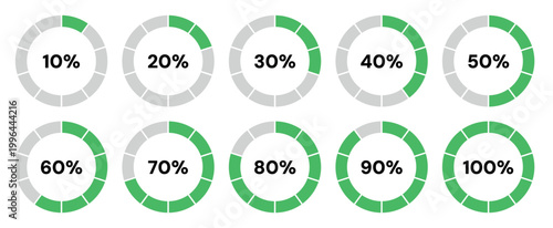 фотографія circular progress bar set green percentage indicators 10 20 30 40 50 60 70 80 90