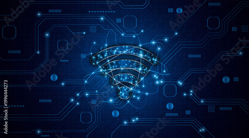 The concept of a Wifi symbol with a circuit board. Internet connectivity or wireless communication technology.