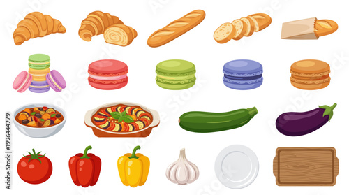 Fresh bakery and food vector set with croissants, bread, macarons, ratatouille, vegetables, garlic, plate and cutting board for menu design