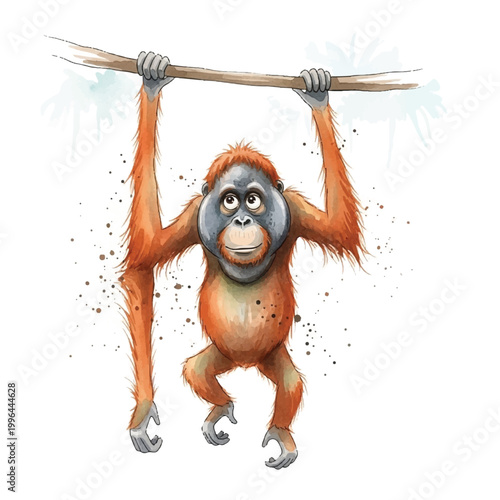 Orangutan hanging from a branch swinging.