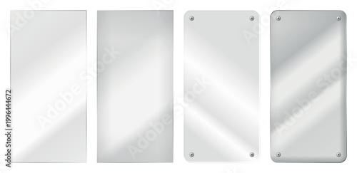 Transparent glass vertical panels realistic smartphone style frames glossy surface reflections minimal UI layout mockup modern interface template clean background soft shadows isolated set