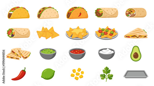 Mexican food vector set with tacos, nachos, burritos, quesadilla, salsa, guacamole, avocado, lime and chili for restaurant menu design
