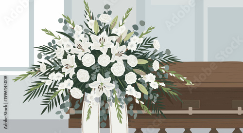 Funeral flower arrangement on wooden casket. White lilies and roses for memorial service