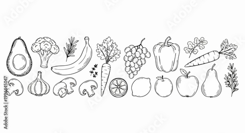 Hand drawn doodle set of healthy organic fruits and vegetables.