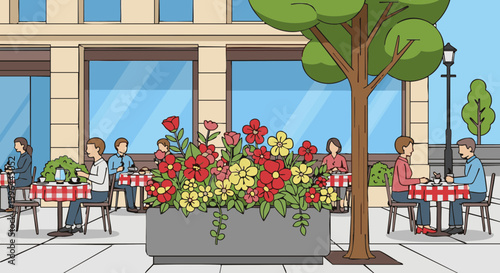 Cartoon people at outdoor sidewalk cafe with large flower planter