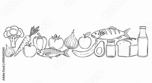 Hand drawn doodle illustration of various healthy food items.