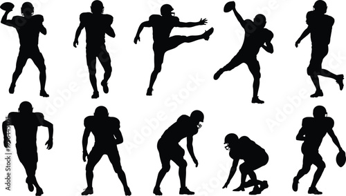 American football player silhouettes collection isolated on white background, athlete action poses set, sport competition vector illustration, black uniform figures,