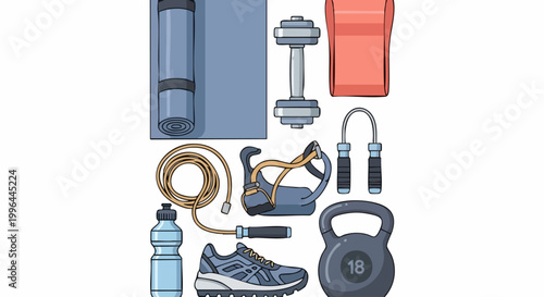 Flat lay illustration of fitness and gym workout equipment.