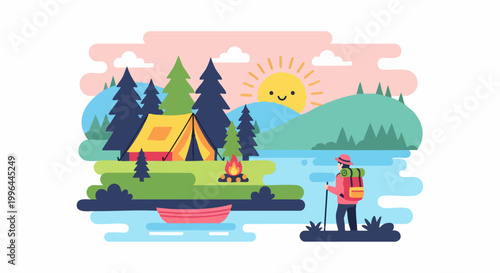 Flat illustration of a person hiking near a lake campsite.