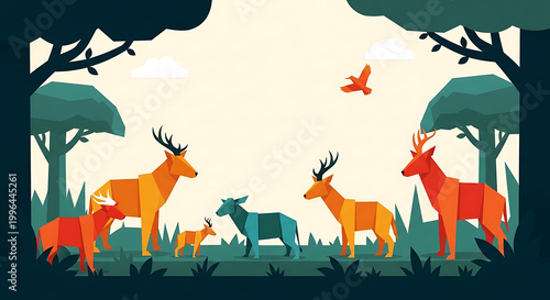 pixel art forest scene with deer family, colorful geometric animals, trees and bird, flat design nature landscape