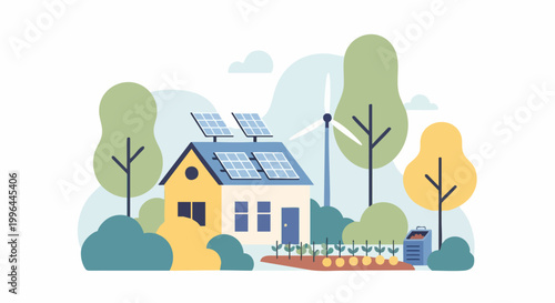 Eco friendly house with solar panels and wind turbine.