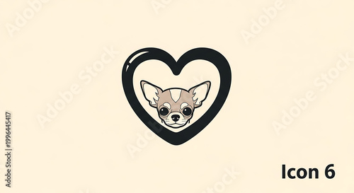 Pixel art chihuahua dog face inside a stylized black heart outline, simple illustration representing pet love and companionship