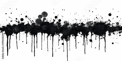 abstract black ink splatter horizontal grunge texture with dripping paint streaks scattered droplets and chaotic artistic brush effect on white background seamless edgy modern vector design.