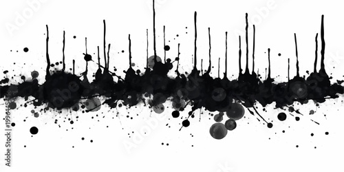 abstract black ink splatter horizontal grunge texture with dripping paint streaks scattered droplets and chaotic artistic brush effect on white background seamless edgy modern vector design.