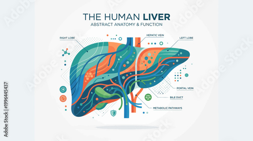 Abstract illustration of the human liver, detailing its anatomy, lobes, blood vessels, and metabolic functions in a colorful, infographic style.